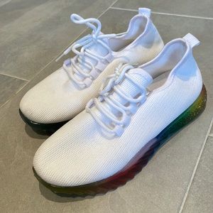 Bright white sneakers with rainbow bottom. Never worn!